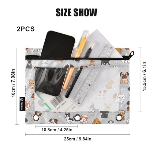 Cute Dog Pencil Pouch for 3 Ring Binder, Binder Pencil Pouches with Clear Window Zipper Pencil Case for Office College Supplies, 2PCS (B0319) - color: B0319