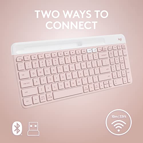 Logitech K585 Multi-Device Slim Wireless Keyboard, Built-in Cradle for Device; for Laptop, Tablet, Desktop, Smartphone, Win/Mac, Bluetooth/Receiver, Compact, Easy Switch, 24 Month Battery - Rose | Slim Keyboard with Built-in Phone Cradle, Easy-Switch for