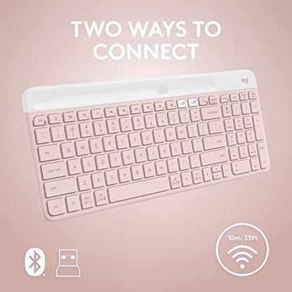 Logitech K585 Multi-Device Slim Wireless Keyboard, Built-in Cradle for Device; for Laptop, Tablet, Desktop, Smartphone, Win/Mac, Bluetooth/Receiver, Compact, Easy Switch, 24 Month Battery - Rose | Slim Keyboard with Built-in Phone Cradle, Easy-Switch for