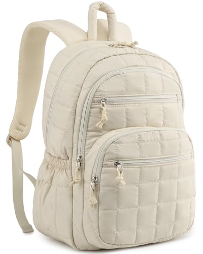 College Bookbag for Women, 17.3in Laptop Backpack Quilted Backpack Puffer for Travel Work Casual Daypack, School Backpack for Teens, Beige - color: Beige, size: 17.3in