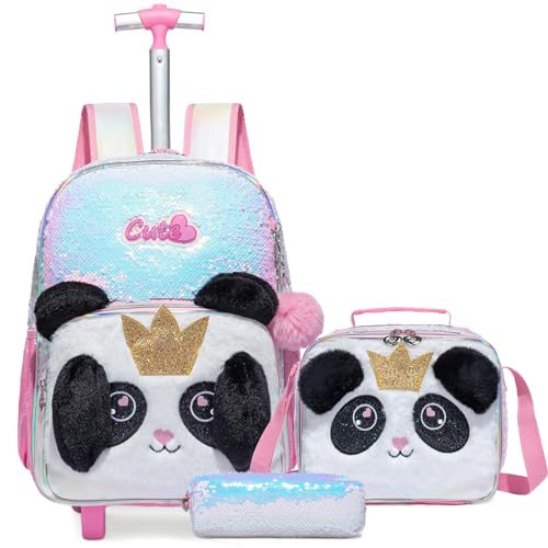 Kids Rolling Cats Backpack for Girls Plush Trolley Suitcases Luggage Travel with Wheels Bookbag Wheeled 17" 3PCS Roller Backpacks Set Toddler Back Pack School Bags for Elementary Pink - color: 5315-maomi-pink
