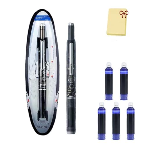 Retractable Fountain Pen, 0.38mm Blue&black Ink Transparent Barrel Includes 5 Refillable Ink Cartridges, Multicolor Pressable Gel Pen (Black,Erasable Blue) - color: Black