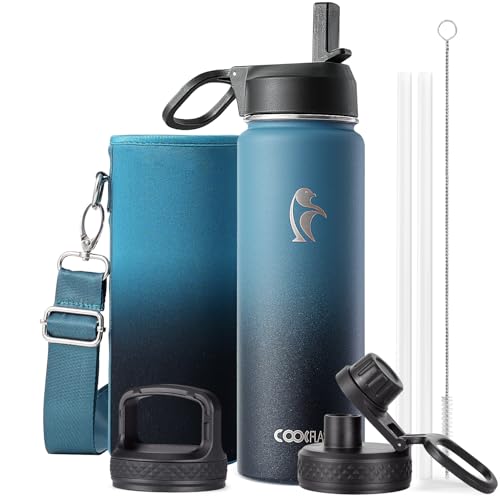 Coolflask Water Bottle 20 oz Insulated with Straw, Stainless Steel Metal 3 Lids Water Flask Wide Mouth for Sports or Office, Non-BPA Keep Cold Up to 48 Hrs or Hot Up to 24 Hrs, Samurai Cyan - color: Samurai Cyan, size: 20 Ounces