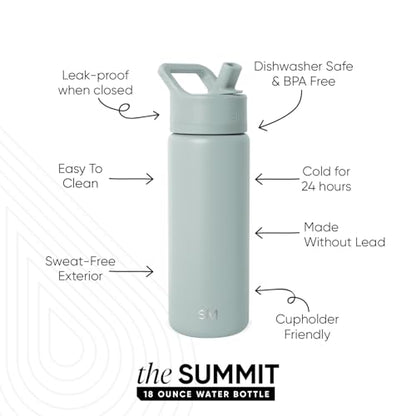 Simple Modern Kids Water Bottle with Straw Lid Vacuum Insulated Stainless Steel Metal Thermos Bottles | Reusable Leak Proof BPA-Free Flask for School | Summit Collection | 18oz, Sea Glass Sage - color: -Sea Glass Sage, style: 18oz