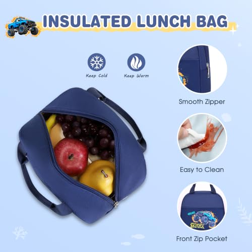 ACESAK Boys Backpack - Off-road Vehicle Bento Box with Insulated Lunch Bag Pencil Case & Utensils Set for Kids, 6 Leakproof Compartments Removable Tray Lunches or Snack Container - color: Blue Vehicle