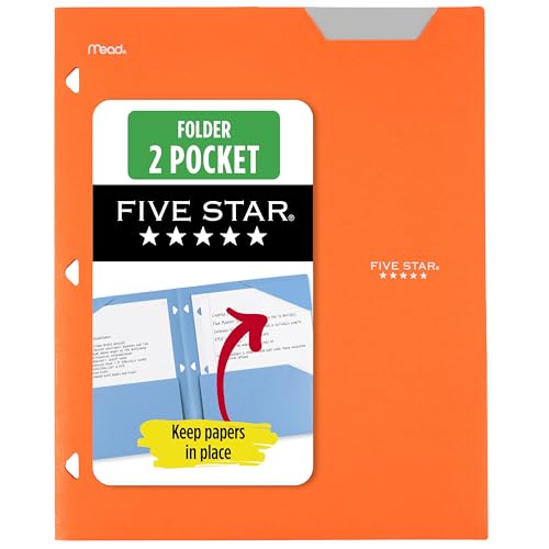 Five Star 2-Pocket Folder, Plastic Folder with Stay-Put Tabs, Fits 3-Ring Binder, Holds 8-1/2" x 11" Paper, Solar Orange (333420N) - color: Solar Orange