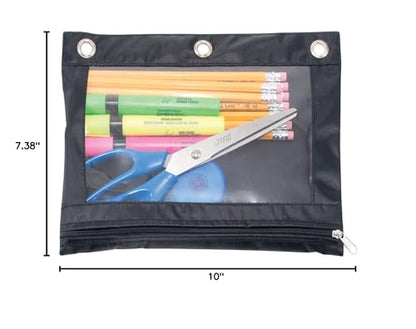 ADVANTUS Zippered Binder Pencil Pouch with Rivets, 7-3/8" x 10", Black with Clear Front, Pack of 3 (63067) - size: 3-Pack