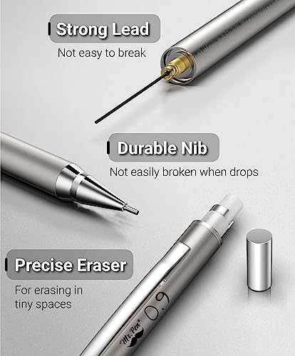 Mr. Pen- Metal Mechanical Pencil Set with Lead Refills & Erasers, 2 Pack | 0.9mm, 4x Tubes 2B Lead Refill, 4x Eraser Refills for School Supplies, Note Taking, Drawing, Sketching, Office - style: 0.9mm