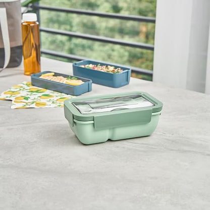 Restaurantware-Bento Tek 28.7 Ounce Bento Box, 1 Reusable Lunch Container - With Fork And Spoon, Does Not Contain BPA, Green Plastic Reusable Lunch Box, Microwavable, Dishwashable - size: 1 Count, style: 29 oz - Green