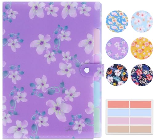 Folder Organizer Expanding File Folder Patternted - Accordion Document Organizer with 5 Pockets and Labels, Waterproof A4/Letter Size for School Office Home (Purple Floral) - style: Purple Floral