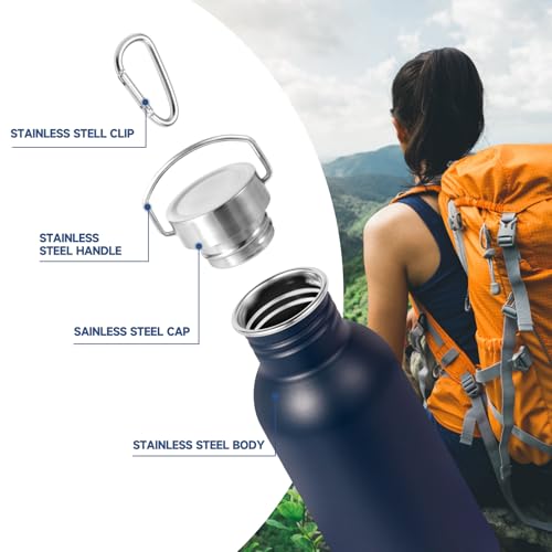 Volhoply 20oz Uninsulated Single Walled Water Bottle, Stainless Steel Reusable Water Bottles with Handle & Carabiner, BPA Free 18/8 304 Sports Water Bottles for Camping Hiking（Navy,1） - color: Navy