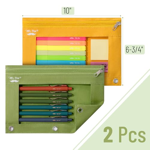 Mr. Pen- Pencil Pouch for 3 Ring Binder, 2 Pack, 10"x6.75", Smooth Zipper | Clear Window, Large Capacity Pencil Case with 3 Reinforced Grommets for School, Office, Supplies Storage | Clear Window, Large Capacity Pencil Case with 3 Reinforced Grommets for