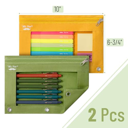 Mr. Pen- Pencil Pouch for 3 Ring Binder, 2 Pack, 10"x6.75", Smooth Zipper | Clear Window, Large Capacity Pencil Case with 3 Reinforced Grommets for School, Office, Supplies Storage | Clear Window, Large Capacity Pencil Case with 3 Reinforced Grommets for