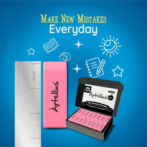 Artellius Pink Erasers | Latex & Smudge Free | Bulk School Supplies | Classrooms, Teachers, Homeschool, Office, Art Class | Large Size (Pack of 100) - size: 100 pack