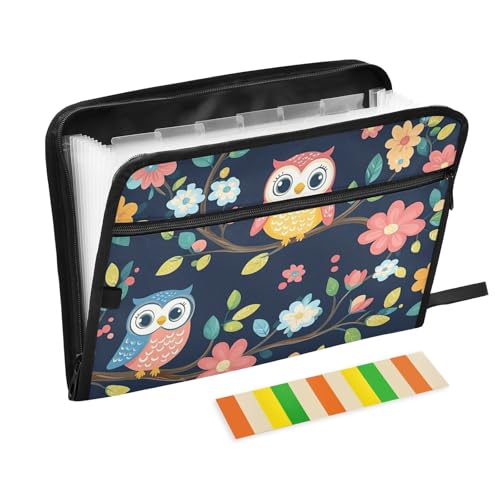 Colorful Owls Expanding File Folder with Sticky Labels, 13 Pockets Accordion File Folder Document Organizer Expandable Zip File Folder with Zipper Closure - color: Colorful Owls