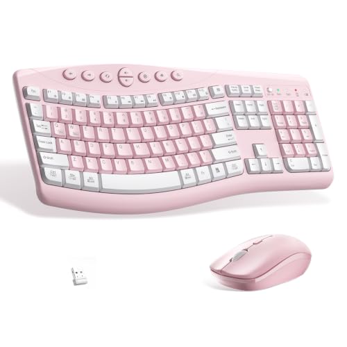 Wireless Keyboard and Mouse Combo,2.4G Full Size Ergonomic Curved Silent Keyboard with Fn Multimedia Keys for Office and Home, 3-DPI Quiet Mouse for Windows,Mac OS Desktop/Laptop/PC (Light Pink-A) - color: Light pink-A