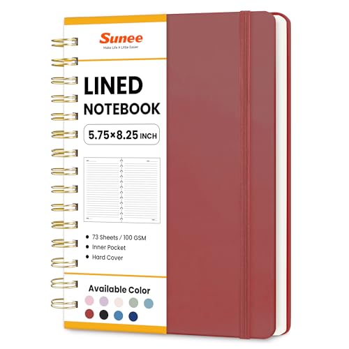 SUNEE Lined Spiral Journal Notebook for Women, 146 Pages College Ruled Hardcover Journaling Notebook for Work, Note Taking and Office School Supplies, A5 -Burgundy - color: Burgundy