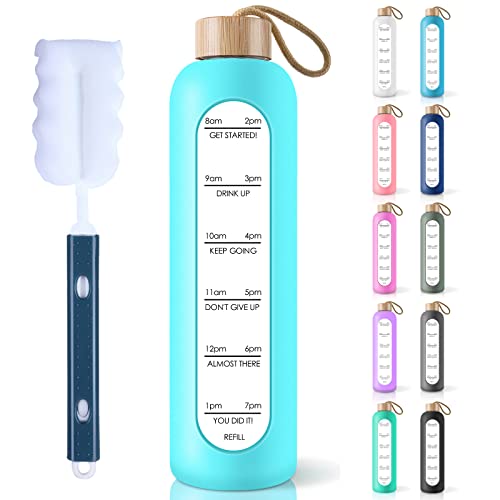 PROBTTL 32 Oz Borosilicate Glass Water Bottle with Time Marker Reminder Quotes, 1 Liter Leak Proof Reusable BPA Free Motivational Water Bottles with Silicone Sleeve and Bamboo Lid (Teal) - color: Teal, size: 32 Ounces