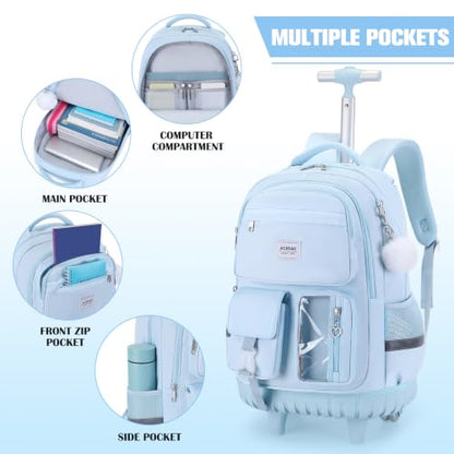 ACESAK Rolling Backpack for Girls, Roller Backpack with Lunch Bag & Pencil Pouch for Teen Girls Kids, Bookbag Backpack with Wheels for Women Elementary Middle High School Travel (Blue) - color: Blue