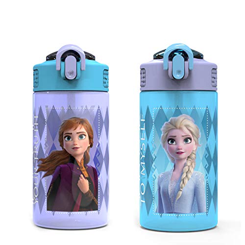 Zak Designs Disney Frozen 2 Kids Water Bottle with Spout Cover and Carrying Loop, Durable Plastic, Leak-Proof Water Bottle Design for Travel (16 oz, 2-Pack, Non-BPA, Elsa & Anna) - color: Elsa & Anna (Frozen 2)