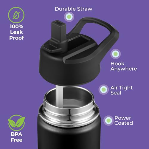 SIPX™ 12 oz Insulated Water Bottle with Straw Lid – Leakproof Stainless Steel, BPA-Free, Easy to Carry – Perfect for School, Camp, Sports & Travel – Black - color: Black