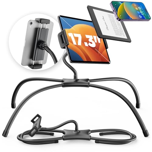 SAIJI Tablet Holder for Bed - iPad Phone Stand for Lap (Black) | Fit Devices from 4.7" to 15.6", 360-Degree Rotating Clip, Hands-Free Reclined Reading, Neck & Posture Relief - color: Black