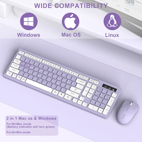 Wireless Keyboard and Mouse Combo, Full-Sized Wireless Keyboard and Adjustable DPI Mouse, 2.4GHz USB Receiver, Silent Keyboard and Mouse for PC, Windows, MAC, Desktop, Laptop(Purple) - color: Purple