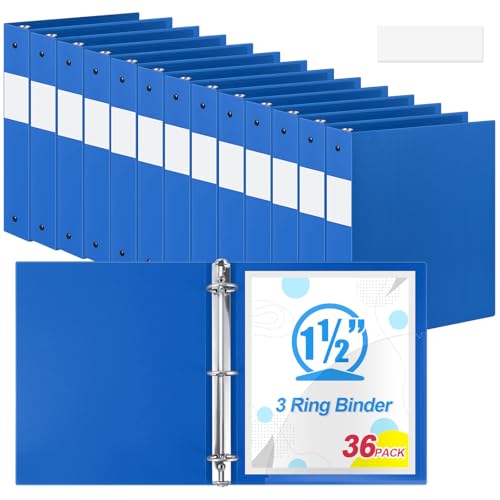 Henoyso 36 Pcs Blue 1.5 Inch 3 Ring Plastic Binder Bulk, 1 1/2 Inch Soft Flexible Binders Three Round Rings Fit 8.5x11 Papers for School Office Home File Organization Supplies - color: Blue