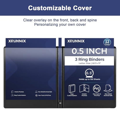 0.5-1-Inch 3-Ring-Binder with Pockets, Basic Binders 1-inch View Round Binders Holds US Letter Size 8.5'' x 11'' - Bundle Packs Perfect for Home, Office, and School (0.5'' - Black -12 Packs) - size: 0.5'' - Black -12 Packs