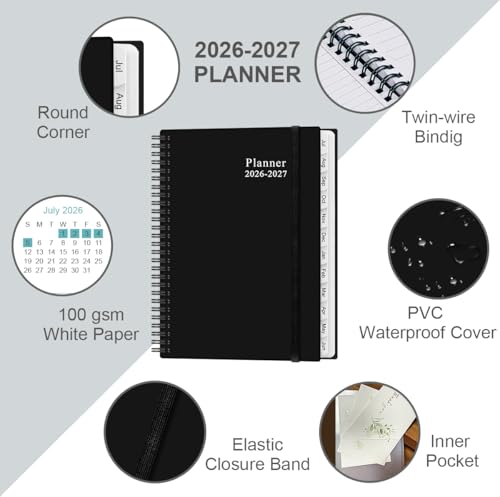 2026-2027 Planner - Planner 2026-2027 from July 2026 - June 2027, Weekly & Monthly Planner Spiral Bound with 12 Monthly Tabs, Inner Pocket, 6.4" x 8.5", Black-E - color: Black-E, size: 6.4" x 8.5"