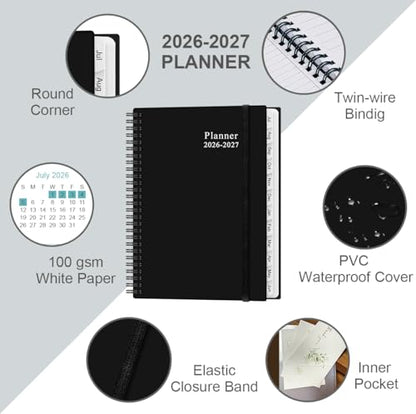 2026-2027 Planner - Planner 2026-2027 from July 2026 - June 2027, Weekly & Monthly Planner Spiral Bound with 12 Monthly Tabs, Inner Pocket, 6.4" x 8.5", Black-E - color: Black-E, size: 6.4" x 8.5"