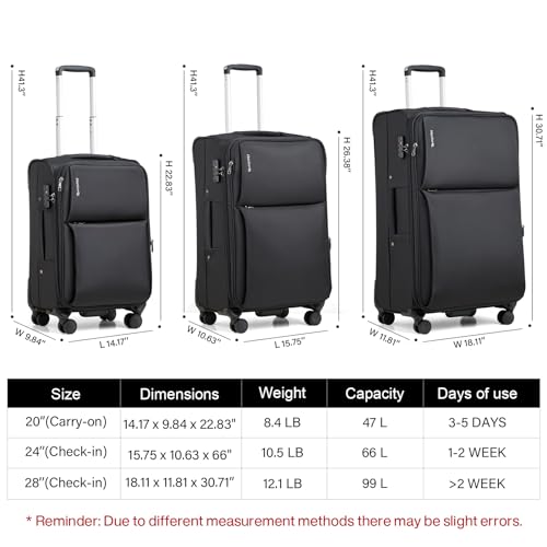 Hanke 24 Inch Luggage Expandable Softside Checked Suitcases with Spinner Wheels, Upright Rolling Luggage Suitcases Travel TSA Luggage Bag for Women Men(Black) - color: Black, size: 24 Inch Checked in