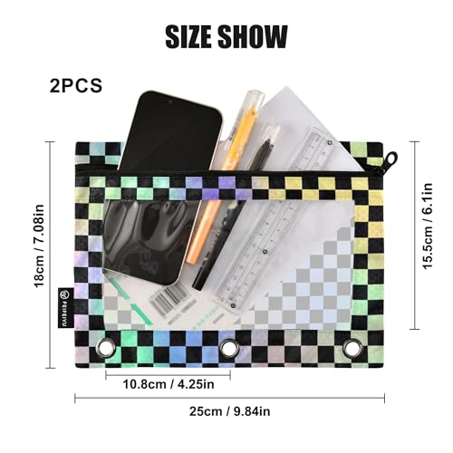 Rainbow Buffalo Plaid Binder Pouches 3 Ring for Boys Girls School Office College Supplies Black Chessboard Blue Yellow Aqua Pencil Pouches Case Bag with Clear Window and Zipper 2 Pack - color: Darkviolet