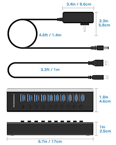Powered USB Hub, Rosonway Aluminum 10 Port USB 3.0 Data Hub with 36W (12V/3A) Power Adapter and Individual On/Off Switches USB Splitter(RSH-A10) - size: 10-Port Powered USB Hub