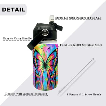 Butterfly Kids Water Bottle 12oz Stainless Steel Insulated Bottle Vacuum Leak Proof Straw Lid with Double Wall BPA Free School (Color3) - color: Color3