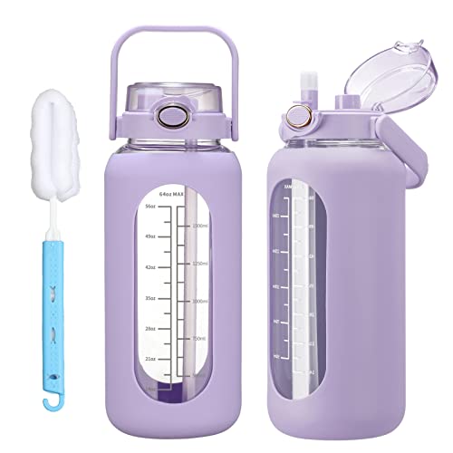 chunmo 42oz/52oz/64oz Glass Water Bolttles with Straw Half Gallon Large Motivational Water Bottle with Time Marker Sports Water Bottles with Silicone Sleeve and Handle Lid Water Jug for Gym Workout - color: Purple, size: 52 Ounces