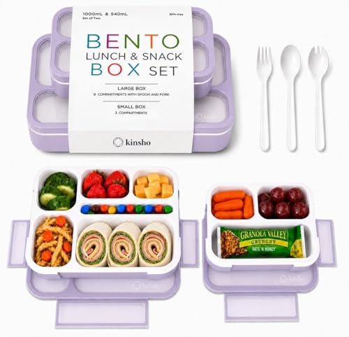 Bento Lunch-Box and Snack Container Set for Kids, 6 and 3 Compartment Boxes Leakproof School Bentos Meal Portion Control Containers BPA Free, Boys Girls Adults, Purple Lilac Large + MINI 2 Pack - color: Lilac Large + MINI 2 Pack