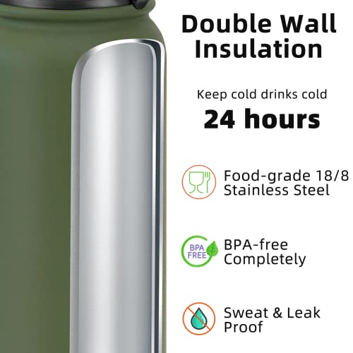 Fanhaw 20 Oz Kids Insulated Stainless Steel Water Bottle with Straw Lid, Leakproof & Anti-Dust Everyday Use Bottle for School, Women & Men, Back to School Essentials (Olive Green) - color: Olive Green, style: 20 Ounces