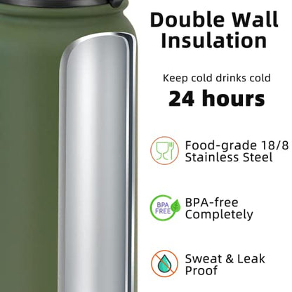 Fanhaw 20 Oz Kids Insulated Stainless Steel Water Bottle with Straw Lid, Leakproof & Anti-Dust Everyday Use Bottle for School, Women & Men, Back to School Essentials (Olive Green) - color: Olive Green, style: 20 Ounces