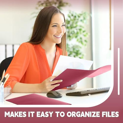 Gueevin 100 Pack Plastic Folder with Pockets, 2 Pocket Folders, Plastic Glossy Folders Fit Letter Size Paper, Heavy Duty Durable File Folder with Business Card for Home Office School (Dark Red) - color: Dark Red