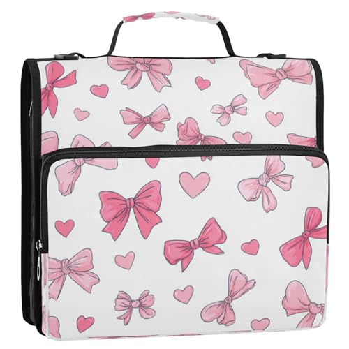 Caikeny 3 Ring Zipper Binder Pink Bows Hearts White 1.5 inch Binders Bag Expanding File Pockets with Shoulder Strap and Handle - color: Multicolored 1z83.10