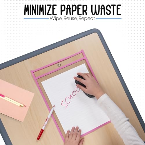 Essex Wares - 6 Pack, Pink, Dry Erase Pocket Document Protectors, 10" Wide x 13.5" Tall - Dry Erase Clear Plastic Sleeves - Reusable & Easy Erase Plastic Invoice Holders, Water-Resistant & Durable - color: Pink