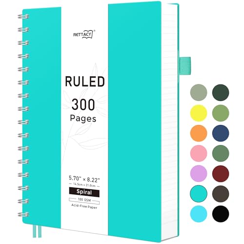 RETTACY Spiral College Ruled Notebook, 300 Pages, A5 Medium Size (5.7" x 8.2"), for School, Work, Writing, Journaling, 100 GSM Thick Paper, Flexible Plastic Cover (Tiffani Blue) - color: Tiffani Blue, size: 5.7" x 8.2"