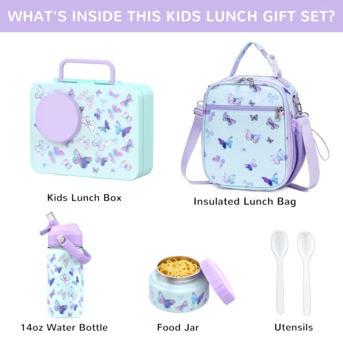 Bento Lunch Box for Kids Adult, Leakproof 3-4 Compartment Bento Box Set with Insulated Food Jar,Water Bottle, Lunch Bag, School Lunch Container for Toddler Teen Girls Boys Ages 3+(Butterfly) - color: Butterfly