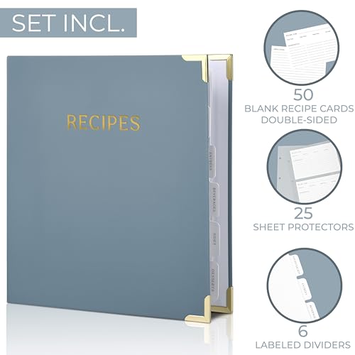Aesthetic Recipe Binder with Polyester Waterproof cloth Cover - The Perfect Recipe Book with Plastic Sleeves to Write in Your Own Recipes - Quality Blank Cookbook Binder, Cards incl. - color: Dusty Blue, size: Medium - 9.5x8.5"