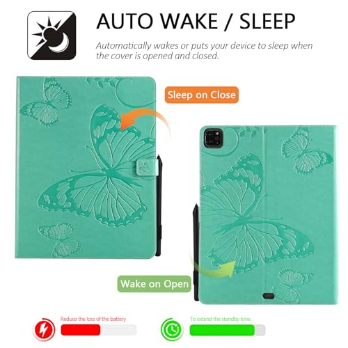 Dteck Wallet Case for iPad Air 13 Inch M2 2024 & iPad Pro 12.9 2022/2021/2020/2018 with Pencil Holder,Embossed Butterfly Auto Sleep/Wake PU Leather Smart Stand Girls Cute Folio Pocket Cover,Green - color: 10 Green
