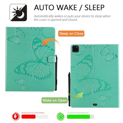 Dteck Wallet Case for iPad Air 13 Inch M2 2024 & iPad Pro 12.9 2022/2021/2020/2018 with Pencil Holder,Embossed Butterfly Auto Sleep/Wake PU Leather Smart Stand Girls Cute Folio Pocket Cover,Green - color: 10 Green