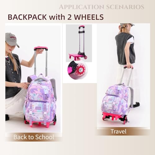 Kids Rolling Backpack for Girls School Backpack with Wheels for Girls Wheeled Bookbags Roller Trolley Bags for Primary Students, 2-Wheel Purple - color: 2 Wheels Purple