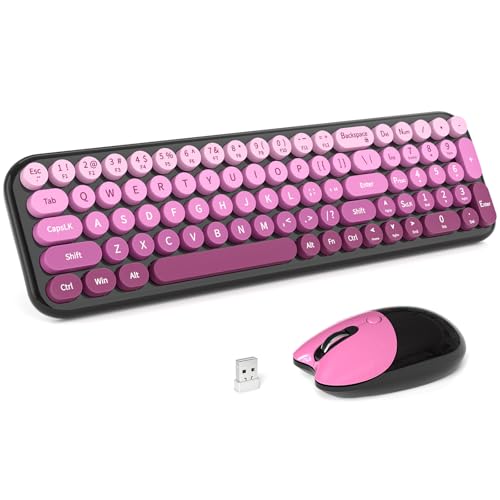 MOFII Wireless Keyboard and Mouse Combo, Compact Typewriter Retro Round Computer Keyboard and Mouse Set, Plug and Play, for Windows, Computer, Desktop, PC, Notebook - (Black Pink Gradient) - color: Black Pink Gradient