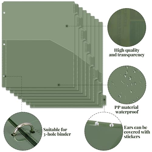 Koqye Binder Dividers with Pockets - 8 Plastic Dividers for 3 Ring Binders - A4 Bividers with Tabs for Planners (Dark Green - 1 Pack)